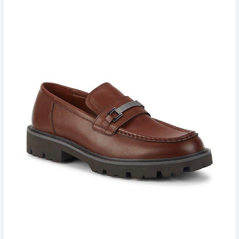 Calvin Klein Brown Leather Lug Sole Penny Loafers